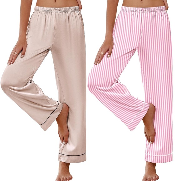 Ekouaer 2 Pack Women Silk Satin Pajamas Pants Wide leg Pj Bottoms with Pockets - Picture 1 of 3
